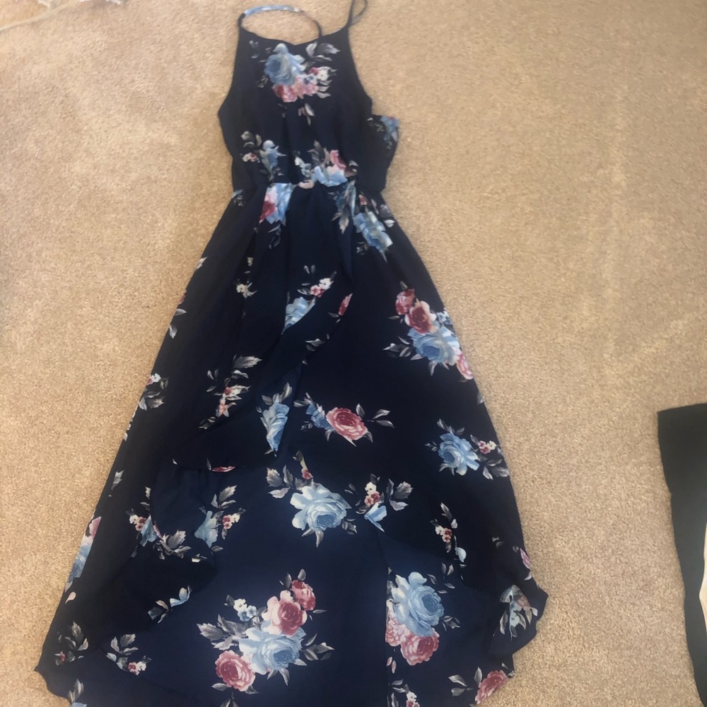 Navy blue floral high low dress